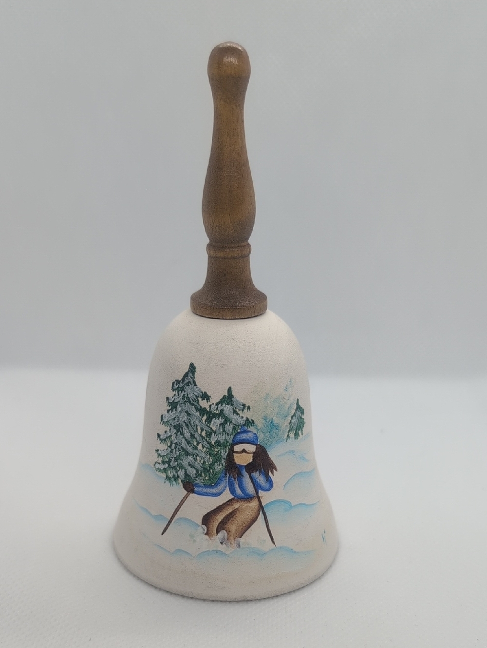 Vintage Handpainted Winter Ski Bell with Wooden Handle - Blue & Brown Steamboat